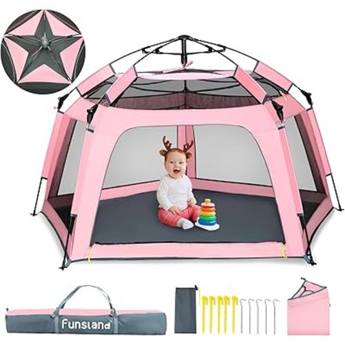 Baby Playpen Pop-up Tent - Outdoor & Indoor Play Tent for Beach with Canopy Travel Bag Portable Play Yard for Babies & Toddlers (Pink)