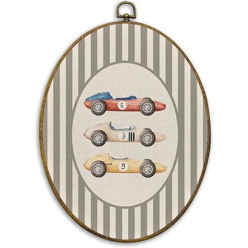 CUANFDDSF Vintage Race Car Nursery Oval Wall Art Decor, Boys Room Wall Hanging Decor, Neutral Striped Race Car Framed Canvas Prints for Kids Toddler Boy Nursery Room Bedroom Playroom, 8.6x11.4 Inch