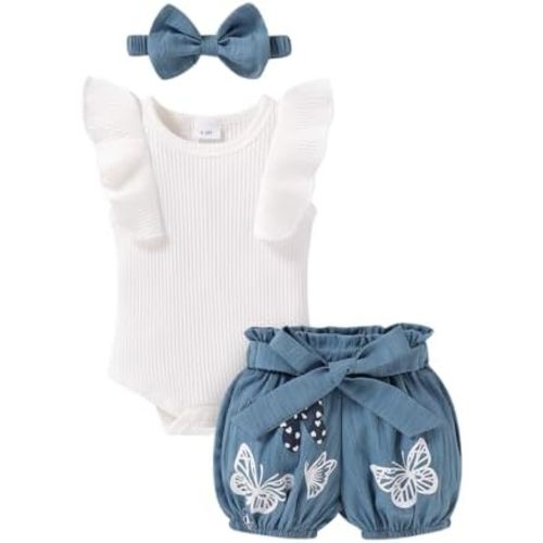 Tiny Cutey Baby Girl Clothes Infant Summer Outfits Set Ruffle Sleeve Romper and Floral Shorts with Headband