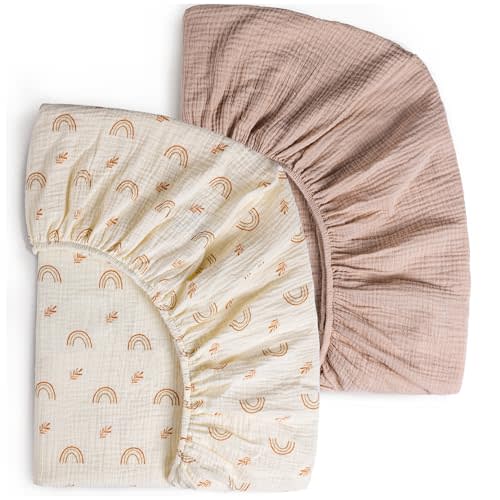 Deppon Muslin Crib Sheets for Girls Boys, 2 PCS Soft and Breathable Fitted Baby Sheet for 52" x 28" Standard Crib Mattress and Toddler Bed (Blush, Rainbow)