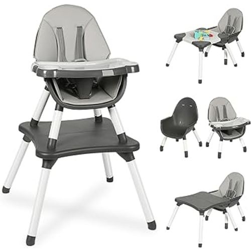 6 in 1 Baby High Chair, Convertible Highchair for Babies and Toddlers, Kids Learning Table, Building Block Table, Infant Dining Booster Seat, Toddler Chair with 5-Point Safety Harness (Grey)