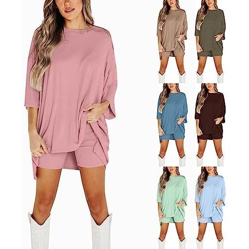 Two Piece Outfits for Women Summer Weekend Loungewear Sets Oversized Tee & Biker Short Set Ribbed Knitted Tracksuit