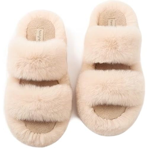 FamilyFairy Women's Fluffy Faux Fur Slippers Comfy Open Toe Two Band Slides with Fleece Lining and Rubber Sole