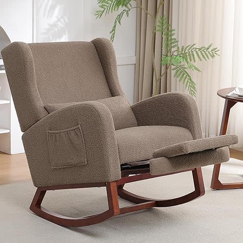 Rocking Chair Nursery with Foot Rest,Teddy Nursery Rocking Chairs, Wingback Nursing Glider Rocker Chair with Pillow and High Back for Nursery, Living Room, Bedroom, Coffee