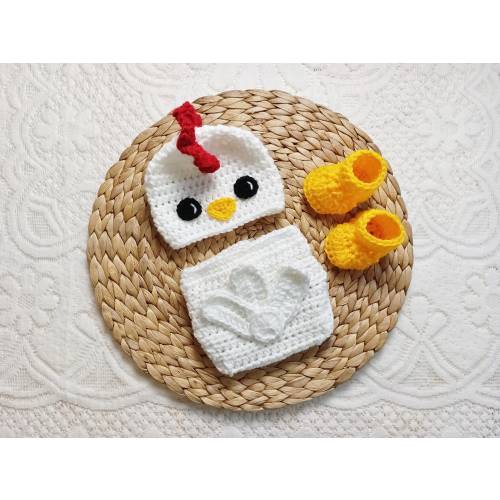 Baby Chicken Crochet Beanie Hat and Diaper Cover - Farm Animals - Baby Photo Prop - Baby Shower Gift - Available 0 to 6 Months Size