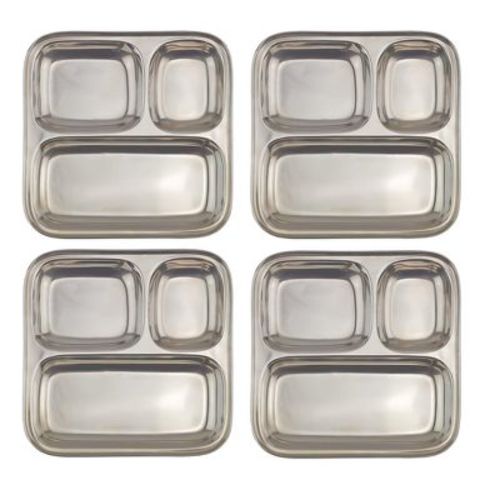 Darware Stainless Steel Divided Plates/compartment Trays 4pk; Inches Oblong 3-section Mini Mess Trays For Lunches, Kids, Portion Control & More