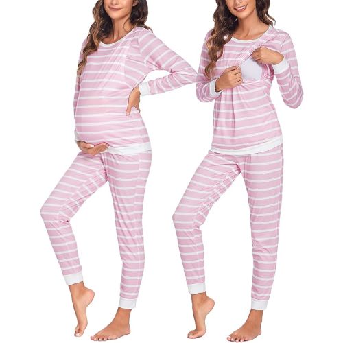 Ekouaer Nursing Pajama Set Long Sleeve Maternity Sleepwear Labor Delivery Pjs Breastfeeding Thermal Underwear Clothes - Pink Stripe - Large