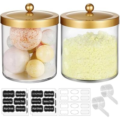 2 Pack 50 Oz Large Apothecary Jar for Bathroom, SheeChung Premium Plastic Storage Jar with Lids, Laundry Vanity Snack Canister Jar for Bath Bomb, Cotton Ball, Laundry Pods(Gold)