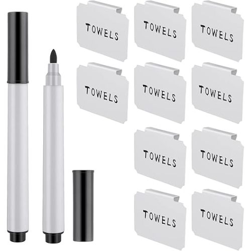 12 Pieces Basket Labels Clip on Set, Include 10 Pieces Kitchen Clip Label Holder Removable Pantry Basket Labels with 2 Pieces Black Chalk Marker for Storage Bins Organization Box (White)