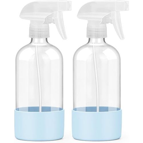 2 Pack Glass Spray Bottles with Silicone Sleeve, 16 oz Empty Refillable Containers with Adjustable Spray Nozzles, Spray Bottles for Hair, Cleaning Solutions and Plants Blue