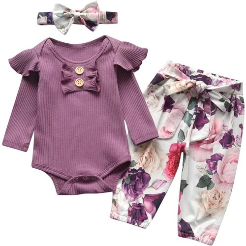 Newborn Infant Baby Girl Clothes Ruffle Long Sleeve Romper and Floral Pants with Headband 3PCS Set - 3-6 Months - Purple