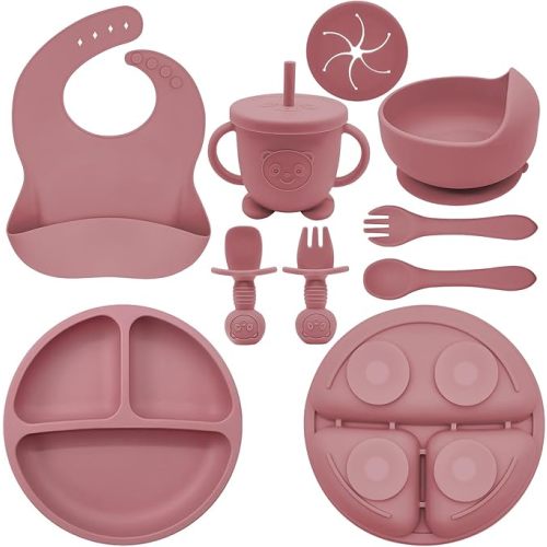 Silicone Baby Feeding Set | Baby Led Weaning Supplies Includes Suction Bowls and Divided Plates, Adjustable Bib, Baby Utensils Spoons and Forks,Cup | Baby Feeding Essentials (Red)