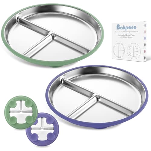 Bakpoco Stainless Steel Toddler Plate with Suction, 9” Divided Plates with Removable Silicone Sleeves for Baby, Non Toxic & BPA Free | Non Slip | Unbreakable Kids Snack Dishes Set of 2, Green & Purple
