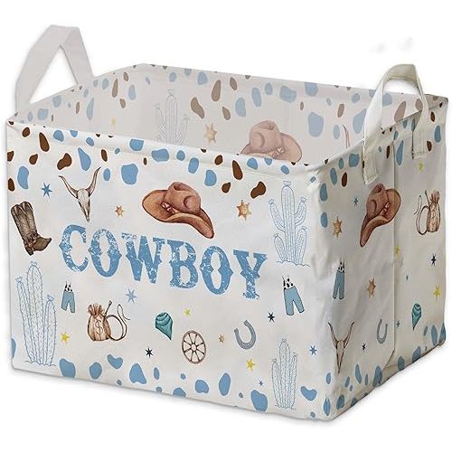Western Basket for Cowboy Nursery Decor Boy, Blue White Brown Western Toy Bin, Cowboy Baby Shower Decorations, Large Squarecanvas Laundry Hamper With A Waterproof PECoating, Foldable