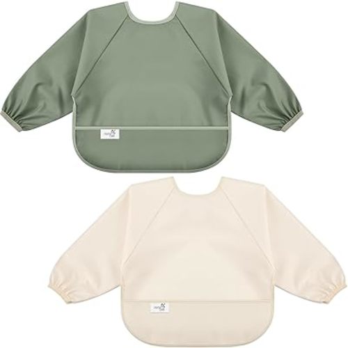 Lot de 2 bavoirs à manches longues pour bébé, tissu imperméable, couverture complète avec poche fourre-tout, 6-24 mois