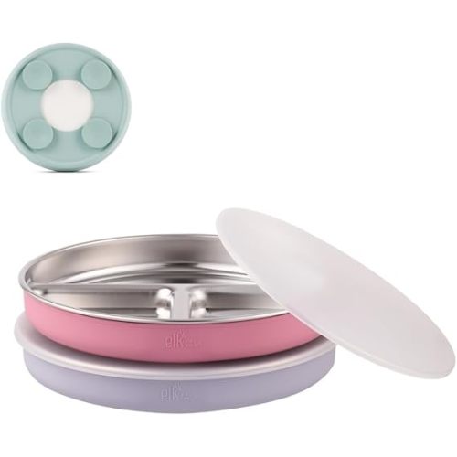 Elk and Friends Stainless Steel Divided Plates with Silicone Sleeve for Babies & Toddlers | Lids Included | Stay Put Suction | Dinner & Snack Plates | 2 Pack