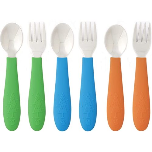 Elk and Friends Kids Silverware with Silicone Handle | Childrens Safe Flatware | Toddler Utensils | Baby Spoons + Forks | Stainless Steel Cutlery - Green/Orange/Blue