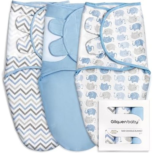 GLLQUEN BABY 3-Pack Organic Baby Swaddle Sleep Sacks for Newborn - Baby Swaddles 0-3 Months, Baby Swaddle Sack, Blue & Elephant & Stripe, Baby Swaddle Blanket Wrap (Small/Medium)