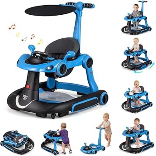 BABY JOY 7-in-1 Baby Walker, Foldable Baby Walker and Bouncer Combo with Handle, Adjustable Height & Speed, Music, Lights, Rocker/Push Mode, Baby Walker with Wheels for Boys Girls 7-18 Months (Blue)