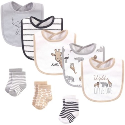 Hudson Baby Infant Cotton Bib and Sock Set 8pk, Modern Safari Animals, One Size