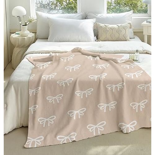 NIDITW Ultra Soft Cozy Cute Bows Beige Blanket Microfiber Knitted Toddler Blanket Lightweight Fluffy Fleece Nursery for Home Sofa Couch 30x40 Inches (Beige, Baby)