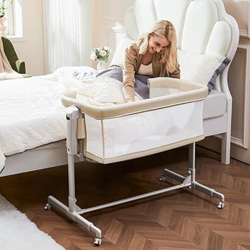 Baby Bassinet Bedside Sleeper 3-in-1, Easy Night Feeding with One-Side Fold & Rolling Wheels, Breathable Mesh, 6-Height Adjustable, Soft Mattress for Newborns
