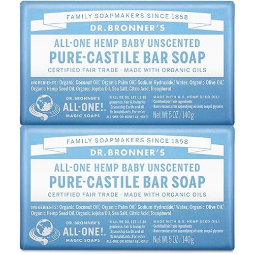 Dr. Bronner's Pure-Castile Baby Unscented Bar Soap - Made with Regenerative Organic Certified Oils - For Face, Hand, Hair Gentle on Sensitive Skin- Bar Soap for Men & Women -2 pack, 10oz