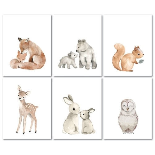 Watercolor Woodland Animals 6-Piece Unframed Nursery Wall Art Decor – Lambs & Ivy