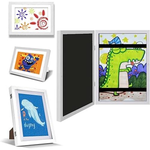 UBeesize 9.5x13 Kids Art Frame - A4 Artwork Display Kids Art Frames Front Opening Holds 50 - Changeable Picture Display 8.5x11 Without Mat and 6.1x9.6 With Mat -Storage Frames with Easel Back(White)