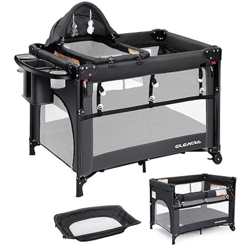 5 in 1 Pack and Play, Adjustable Baby Bedside Bassinet Sleeper,1-Second Setup Foldable Playard from Newborn to Toddles,Bedside Crib with Changing Table,Portable Travel Bassinet,Ziper Door,Gray