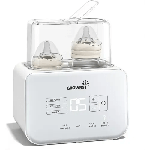 Baby Bottle Warmer, Grownsy 8-in-1 Fast Milk Warmer with Timer Breastmilk or Formula, Fits 2 Bottles, Accurate Temperature Control, with Defrost, Sterili-zing, Keep, Heat Baby Food Jars Function