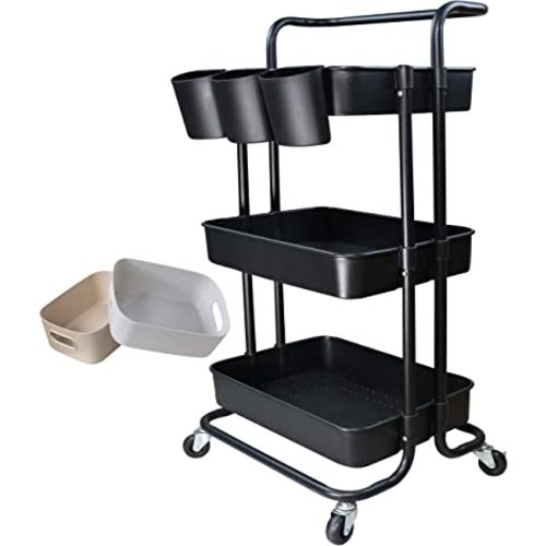 3 Tier Utility Rolling Cart Storage Organizer Shelf Rack with 3PCS Hanging Cups 8PCS Hook 2PCS Storage Box for Home Office Kitchen Bathroom Storage (Black 3 Cup+8 Hook+2 Storage Box)