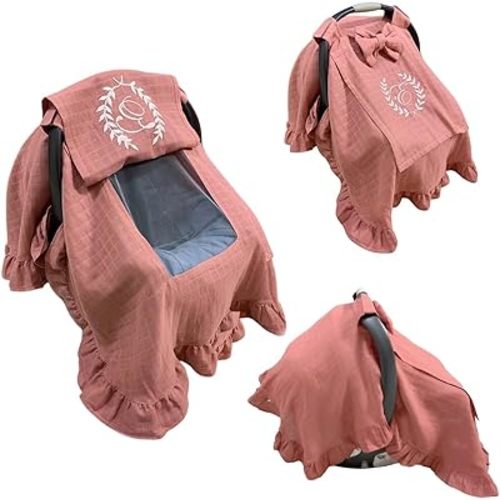 Custom Safety Seat Covers for Newborn Baby Car, Personalized Baby Car Seats Canopy Infant Car Seat Cover Muslin Gauze Ruffle and Peekaboo Mesh Window for Toddler Kids