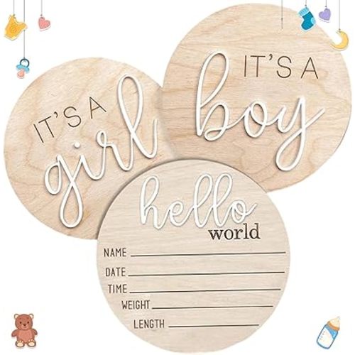 3 PCS Birth Announcement Sign for Hospital, Its a Boy & Girl & Hello World Wooden Sign, Newborn Baby Name Gender Reveal Sign