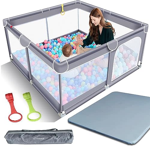 TODALE Baby Playpen with Playmat- Safe Sturdy Anti-Slip, No Gaps Play Yard for Floor, Baby, Toddler, Infant, Child, Indoor & Outdoor, Self-Inflatable Foldable Mat, Play Pen & Play Mat (Gray,50”×50”)