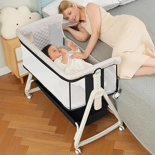 Baby Bassinet, Bedside Sleeper for Baby with Wheels and Storage Basket,All Mesh Portable Bassinet for Newborn,6 Height Adjustable Easy to Assemble Bedside Crib(Upgrade Black)