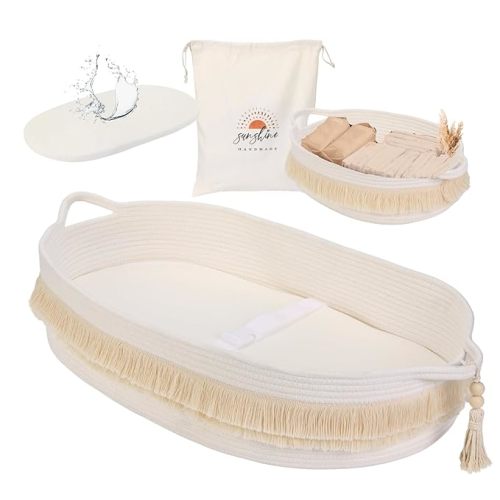 Baby Changing Basket with Pads and Safety Belt- 100% Cotton Boho Baby Moses Basket Changing Table and Thick Pad with Waterproof Mattress Cover, Nursery Decor in Brown and White Color with Storage Bag