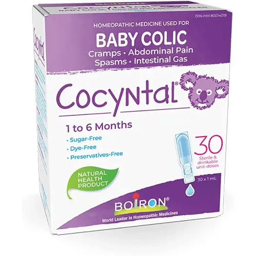 Boiron Cocyntal used for the relief of baby colic: abdominal pain, cramps, spasms and intestinal gas. 30 unit-doses