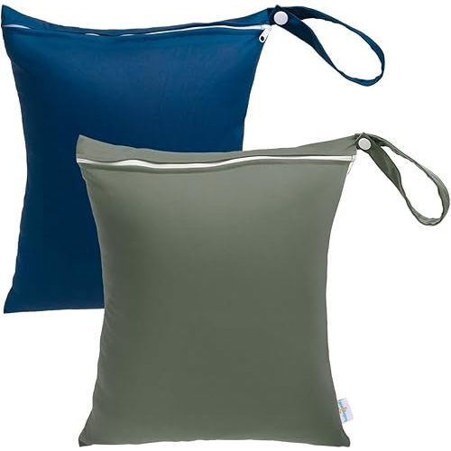 babygoal Travel Laundry Bags 2 Pack, Ideal for Travel, Gym and Swimming-Washable Waterproof Wet Dry Bags for Dirty Clothes, Bathing Suits and Swimsuits(olive green and lake blue)