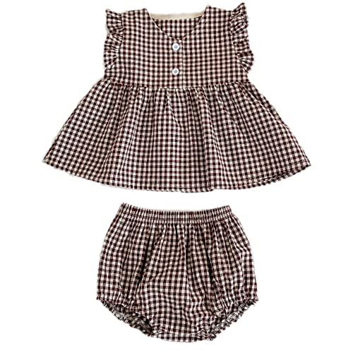 Ashmyova Baby Girls Summer Shorts Sets Infant Plaid Ruffle Sleeveless Tops Bloomer 2PCS Outfits