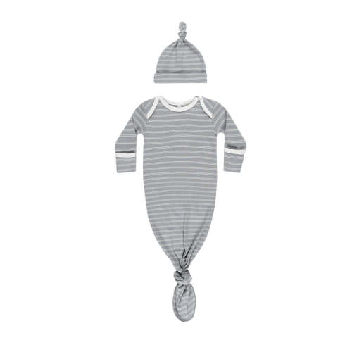 Quincy Mae Knotted Baby Gown + Hat Set / Blue Pinstripe