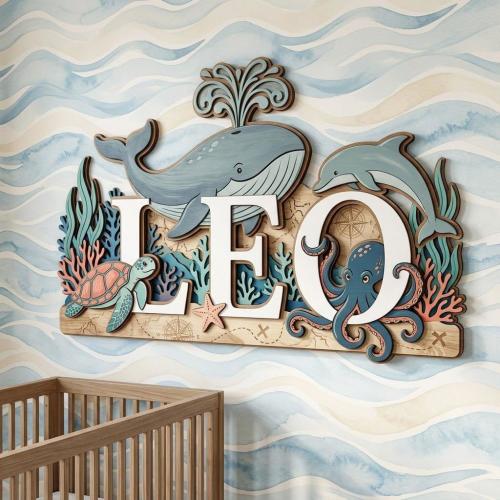 Custom Whale Name Sign for Nursery, Personalized Ocean Animal Wall Art, Wooden Baby Name Plaque, Sea Theme Kids Room Decor Gift