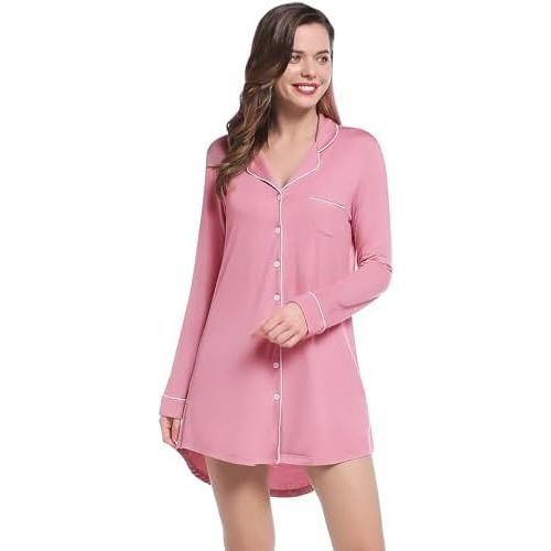 Cherrydew Nightgowns for Women Soft Bamboo Viscose Long Sleeve Nightshirts Button Boyfriend Sleep Shirts Sleepwear S-XXL