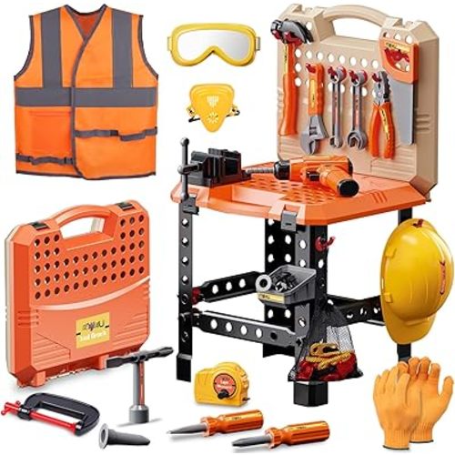 Kids Tool Bench Set,MAGIC4U 95PCS Toddler Tool Workbench with Electronic Drill 13 Tool Equipements,Safety Vest & Hat,Pretend Play Kids Construction Toys Gift for Boys Girls Age 3,4,5,6,7,8