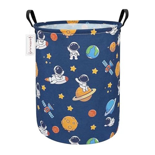 QUEENLALA Large Storage Basket,Laundry Hamper/Bathroom/Home Decor/Collapsible Round Storage Bin,Boys and Girls Hamper/Boxes/Clothing（Round-Yellow Star Astronaut）