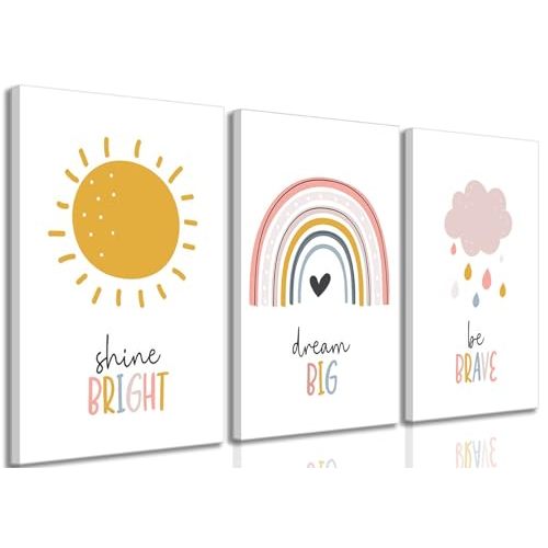 3 Pcs Boho Nursery Canvas Wall Art Dream Big Be Brave Shine Bright Bohemia Sun Rainbow Pictures Kids Wall Decor Poster Print Artwork for Boys Girls Bedroom Children Room Home Decoration