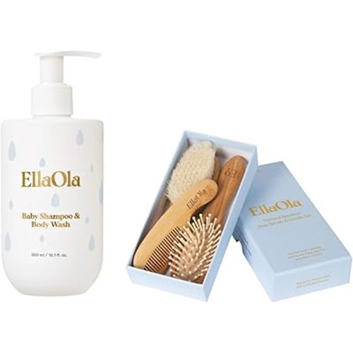 Baby Bath Hair Duo | Set includes - Hydrating Shampoo & Body Wash + Natural Bamboo Hair Brush and Comb Set | Organic, Plant Derived Ingredients for Babies, Infants, & Toddlers