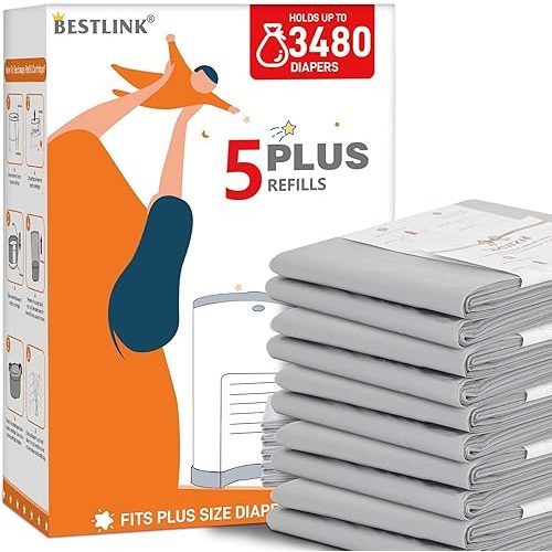 5 Pack Refills Compatible with DEKOR PLUS Diaper Pails | 20% Extra Length Diaper Pail Refill Bags Liners Holds 3480 Diapers | Ultimate Odor Control with Baby Scented