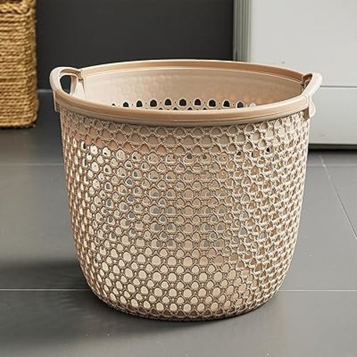 Flexible Laundry Basket - Plastic Hamper for Clothes, Ventilated Laundry Basket Clothes Bin with Carry Handles, Portable Hollow Dirty Clothes Round Hamper (Beige)