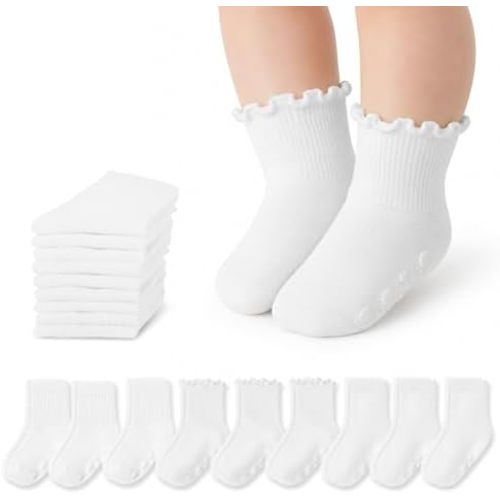 9 Pairs Baby Toddler Socks Crew Sock Ruffle Dress Non Slip Grip Cute Cotton for Infant Newborn Boys Girls White